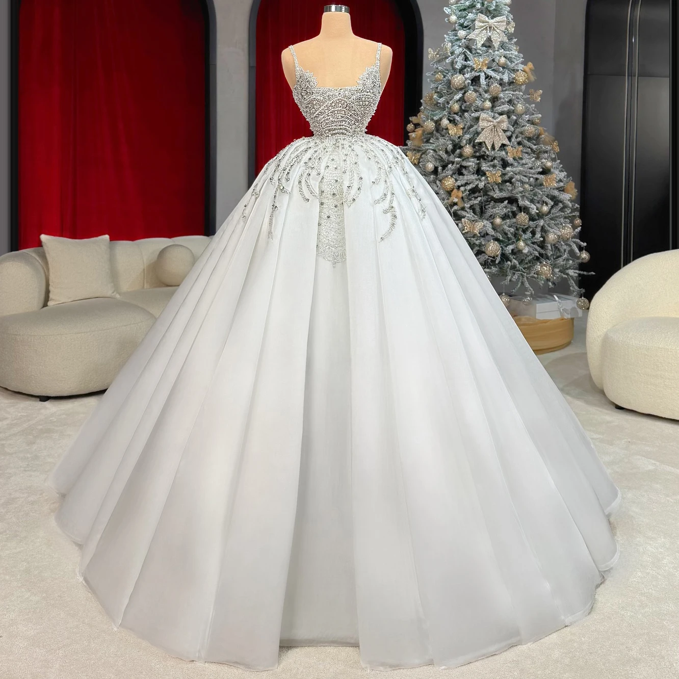 Luxo cristal frisado marfim vestido de casamento cinta espaguete vestido de noiva plissado lantejoulas até o chão vestido de baile personalizado