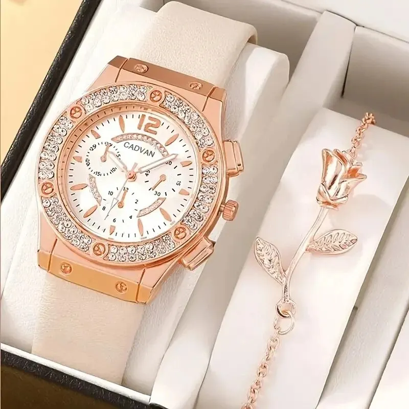 2pcs/set Diamond studded fashionable PU watch strap watch simple watch bracelet two-piece set wholesale watch for women