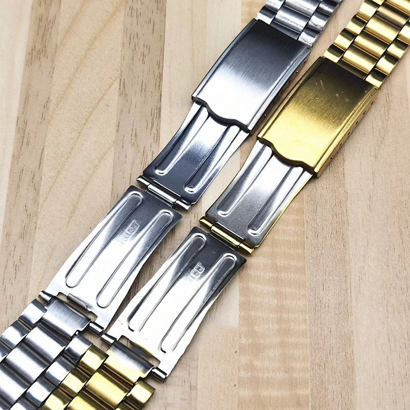 Silver Gold Metal Folding Buckle Stainless Steel Piece Watch Band 12mm 14mm 18mm 20mm Strap Wrist Bracelet 3 Beads Replacement