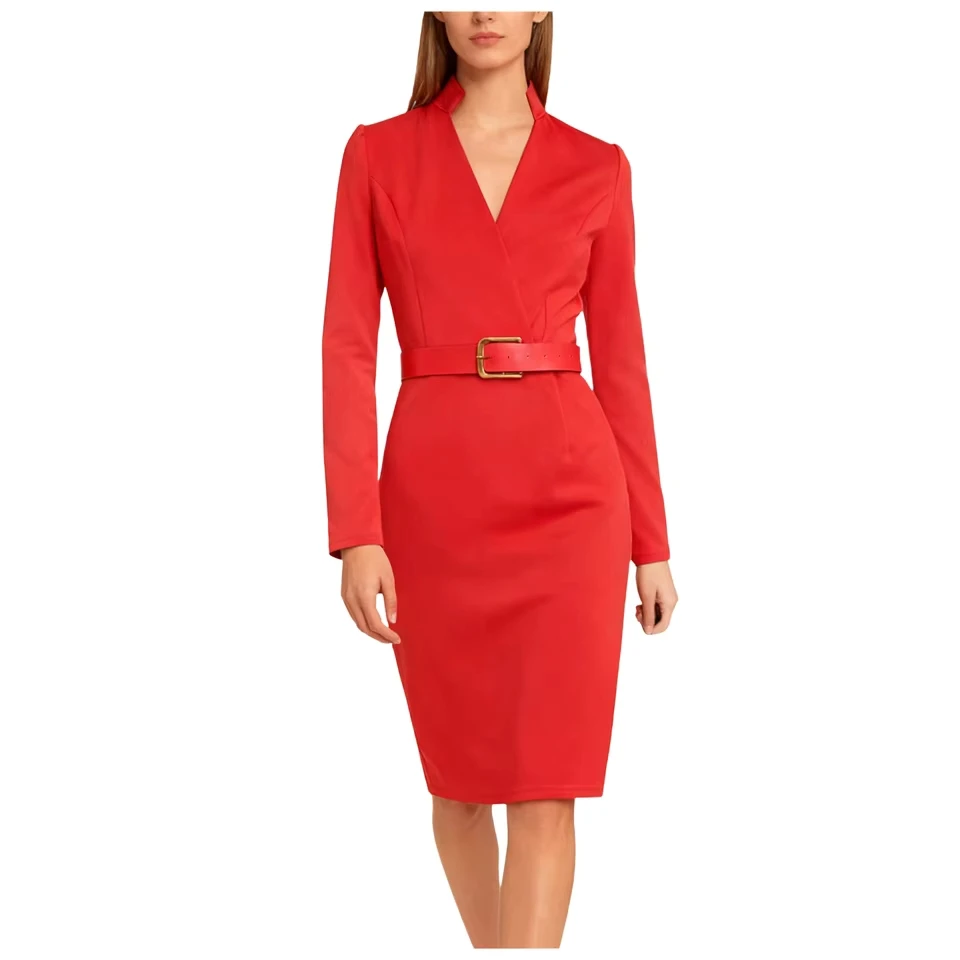 

Commuting Retro Dress For Women Refined Belted Dress With Mandarin Long Sleeve Elegant V Neck Business Womens Summer Dresses