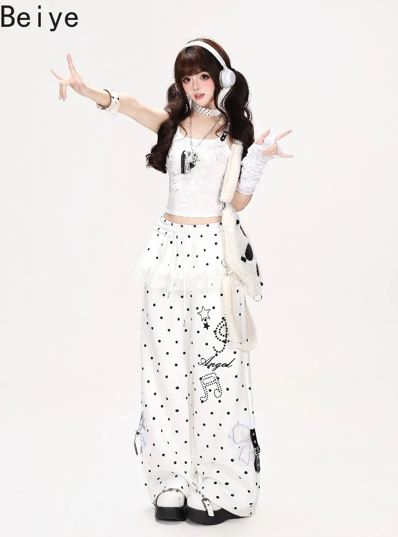 Y2K Women Polka Dot Wide Leg Sweatpants Lace Ruffle Layered Print Loose Casual Trousers Female Harajuku Streetwear Pants