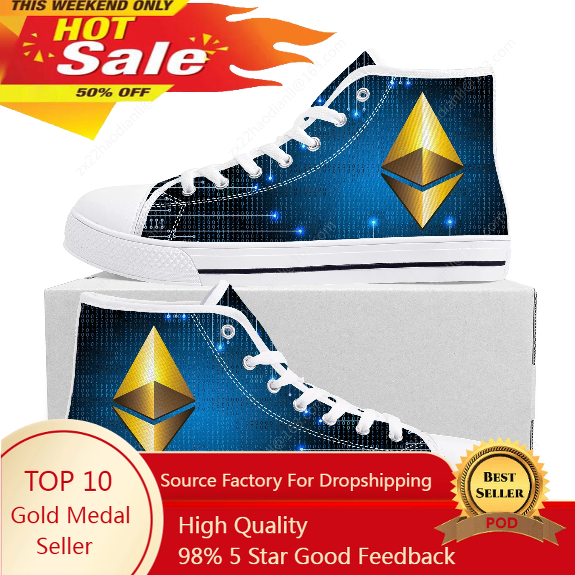 

Hot Ethereum Cryptocurrency Miner ETH Coin High Top Sneakers Mens Womens Teenager Canvas Sneaker Casual Couple Shoes Custom Shoe