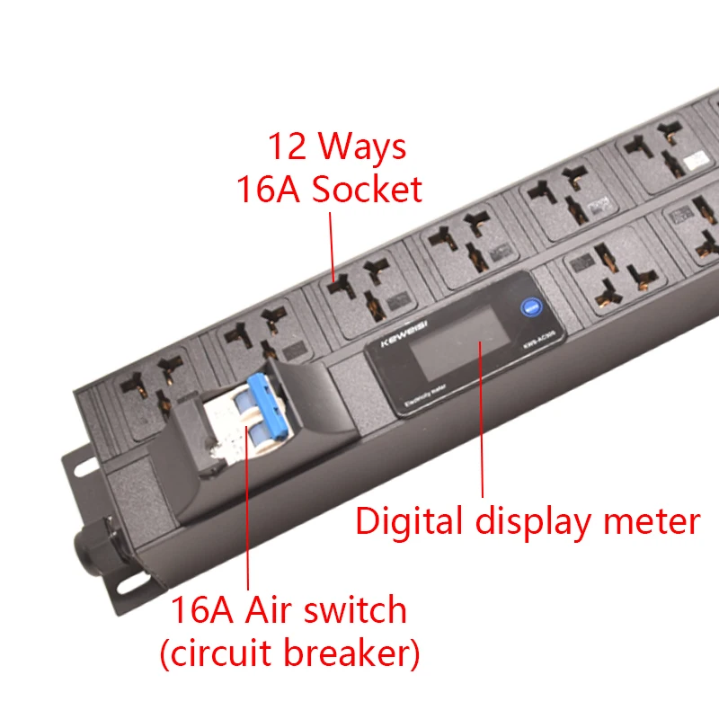 Faixa de energia pdu de 19 polegadas, amperímetro/voltímetro/testador de energia, interruptor de ar 16a, tomada de 12 vias, cabo de extensão de 2m, montagem em gabinete