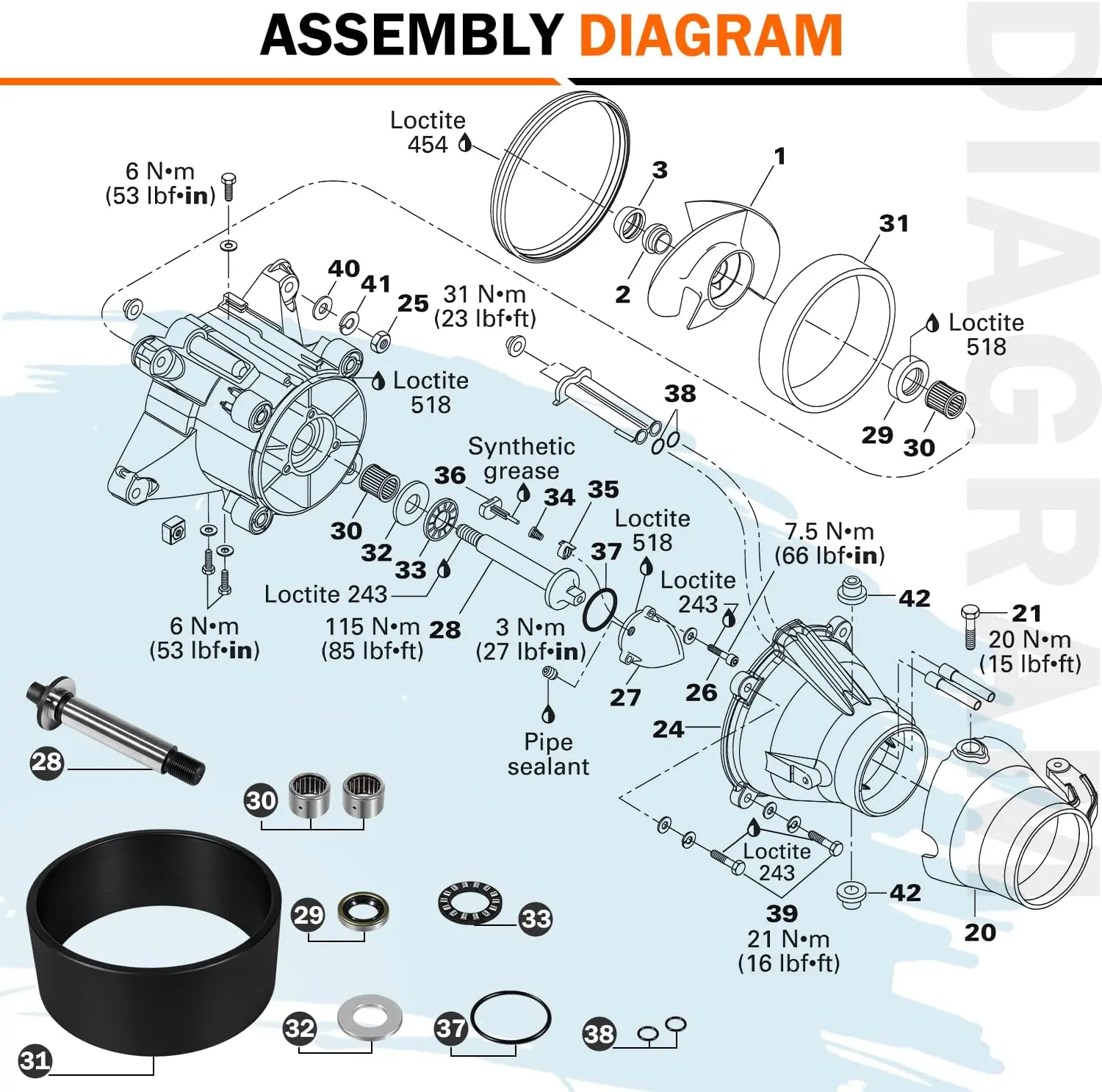 MX Complete Jet Pump Rebuild Kit and Impeller Removal Installation Tool Fit for 1998-2006 SeaDoo GTI GTX RFI RX RXDI XP