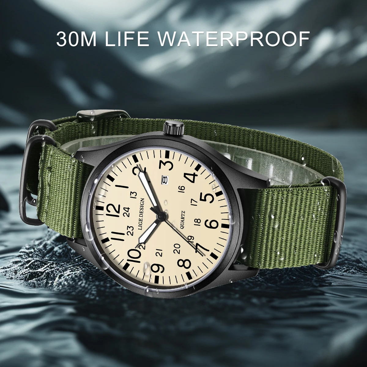 ساعات LIGE للرجال ساعة عسكرية تناظرية مع تقويم مضيئة وحزام نايلون أخضر مقاوم للماء ساعات يد رجالية عتيقة #3