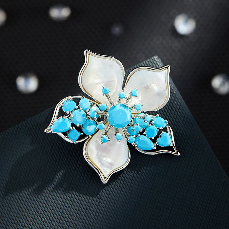 Elegant Chinese Style Flower Brooch Natural Mother Of Pearl Turquoise Inlaid Zircon Copper Alloy Dual Use Pin For Women Party