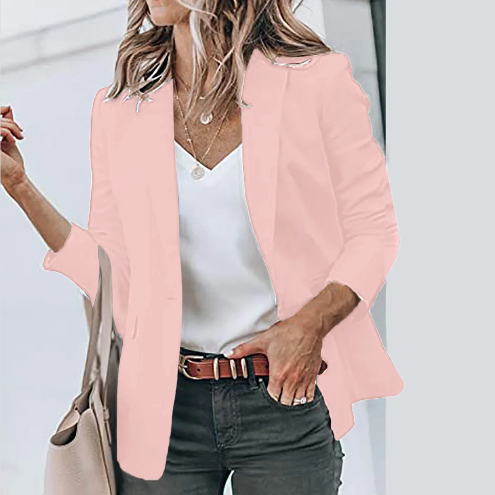 Spring Autumn Business & Leisure Top With Pockets Women\'s Jacket Slim Turn-Down Collar Suit Jacket Coat Long Sleeve Solid Color