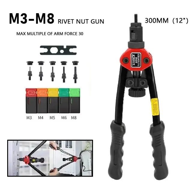 BT-606 Riveter Gun Tool Threaded Hand Rivet Nut Gun M3 M4 M5 M6 M8 Double Insert Manual Double Handle Riveter Tool 200pcs Nuts