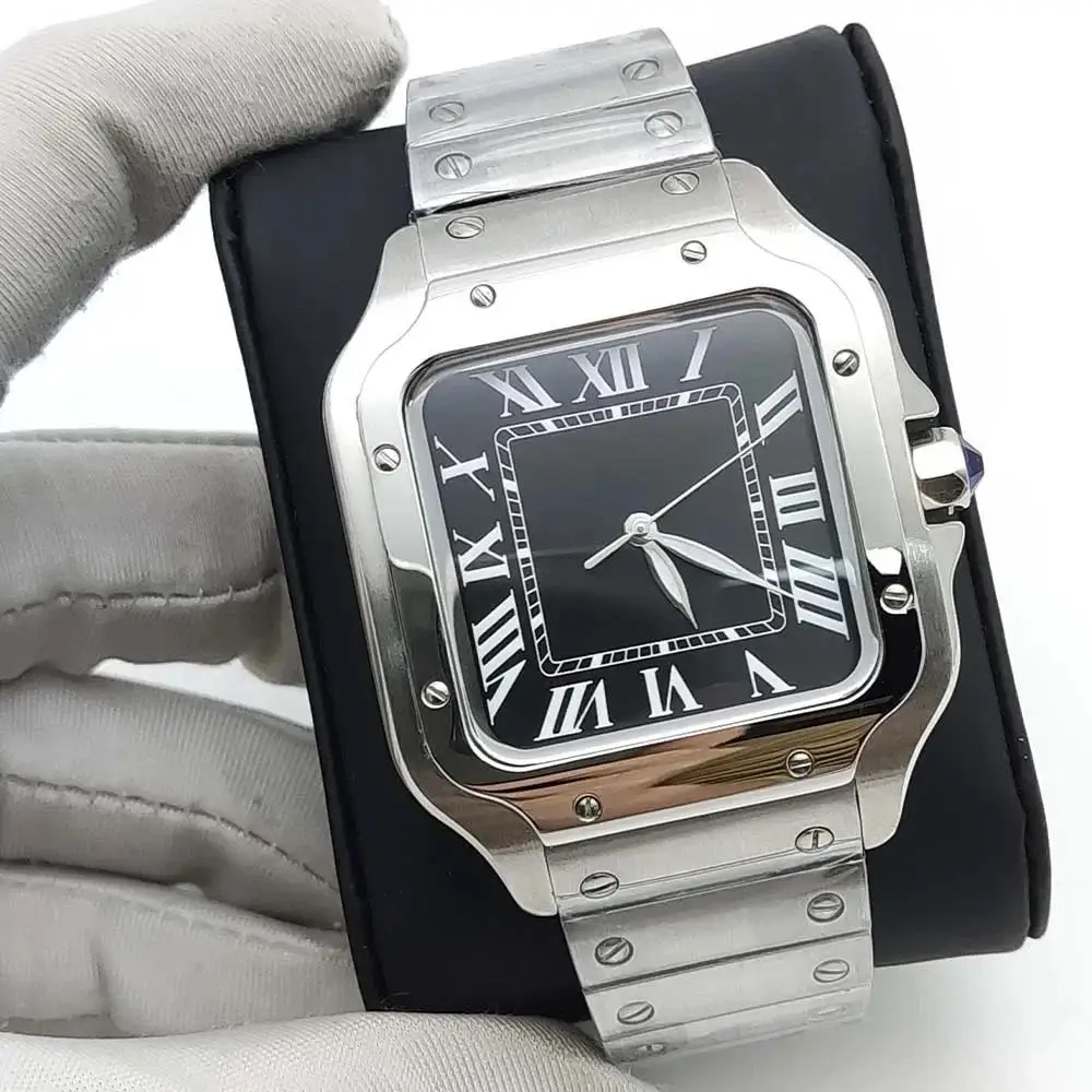 ساعة أوتوماتيكية جديدة فاخرة للرجال ساعات حركة ميكانيكية للسيدات بدون تاريخ سوار من الفولاذ المقاوم للصدأ باللون الأسود والأزرق والأبيض بمينا روما