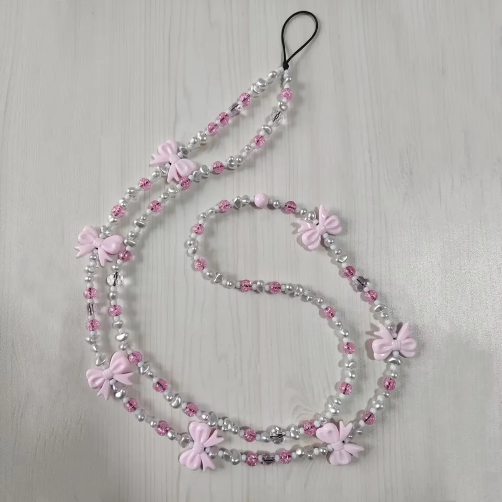 HERLOOK Pink Bowknot Phone Charm Y2K Accessories Chain Beads Mobile Lanyard 125cm Long String for Cell Phones