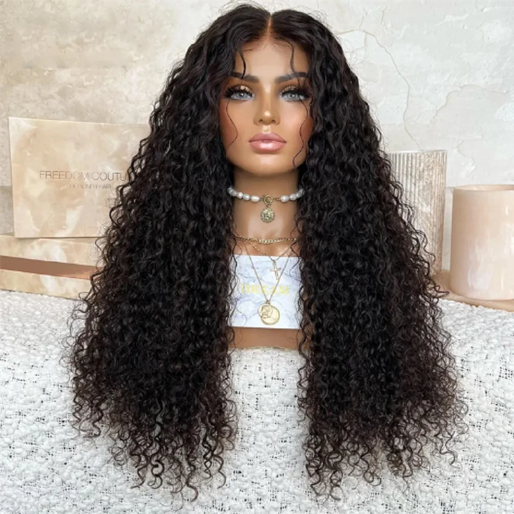 Long Glueless 26Inch Soft Natural Black Kinky Curly Lace Front Wig For Women With Baby Hair Synthetic Preplucked Daily