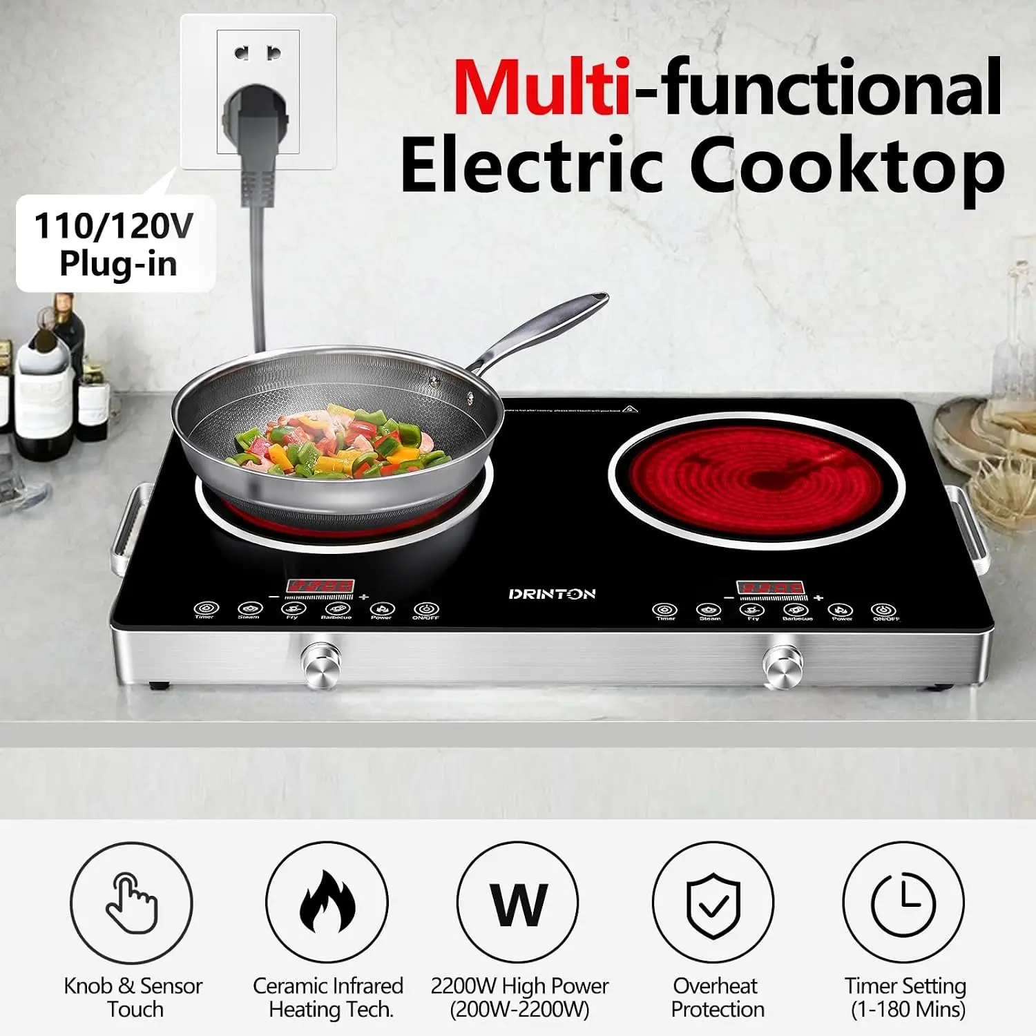 2 Burner Electric Cooktop, 2200W+2200W 110V Electric Double Burner with 3H Timer, Adjustable Temperature for Countertop