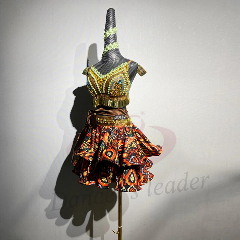Latin Dancers, Adults, Children, High-End Customized Pearl Dresses, Ethnic Style Printed Tango Samba AB Stone Performance Dress