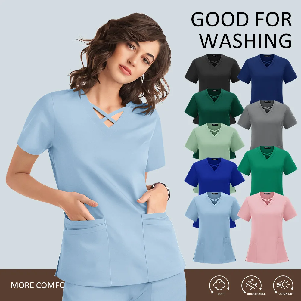 

High Quality Hospital Uniform V-neck Tops Pharmacy Pet Beauty Care Medical Workwear Hospital Accessories Clinic Nursing Scrub