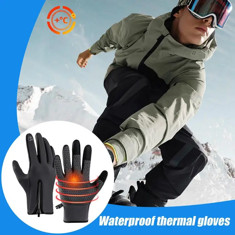 Snowboarding Gloves Windproof Motorcycle Thermal Gloves Unisex Warm Gloves With Zipper Cold Weather Gear For Hiking Cycling