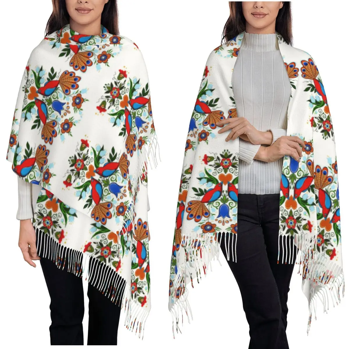 وشاح للطيور والزهور الشعبية أوشحة شرابة للنساء شالات دافئة ناعمة ويلتف شال كبير للخريف والشتاء