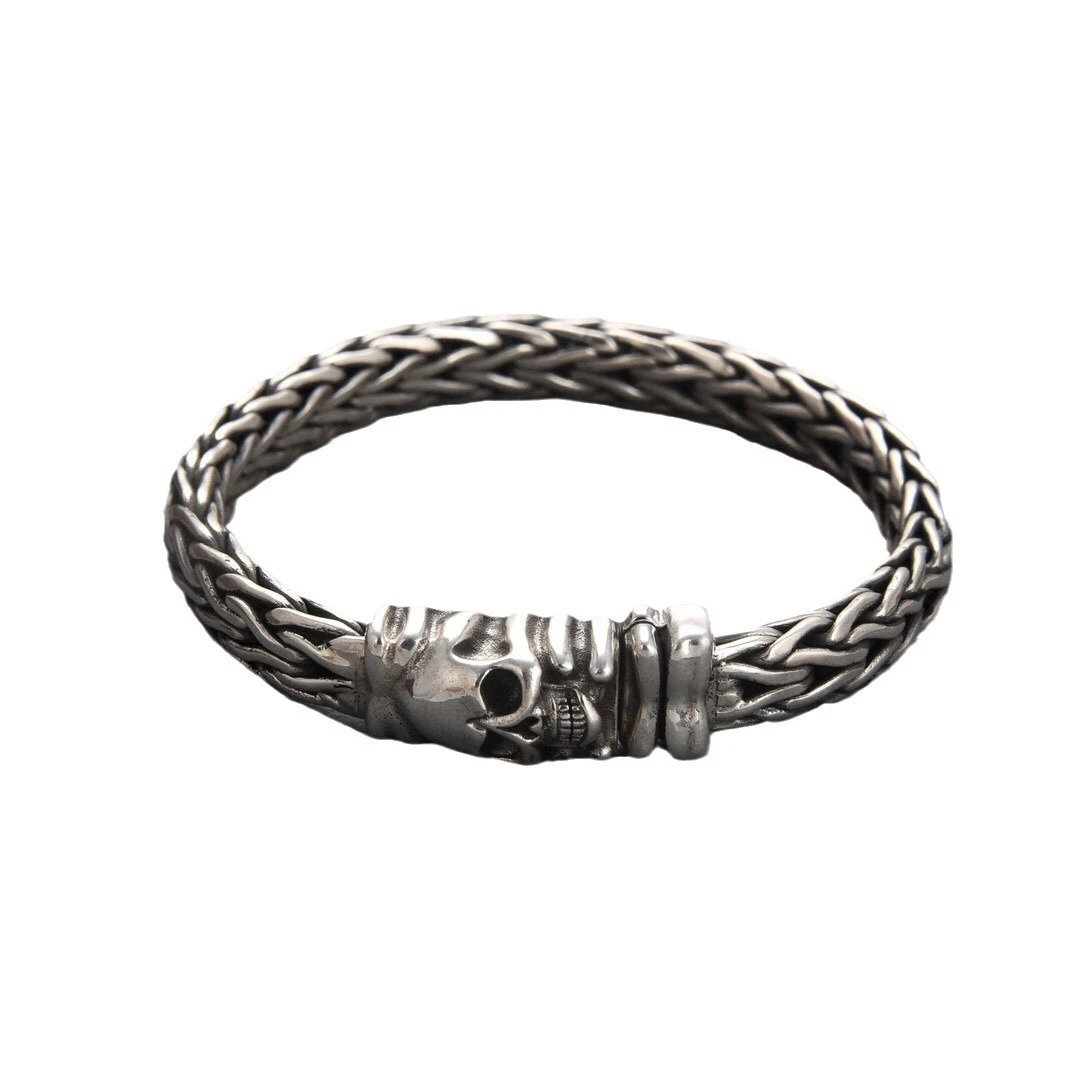 OUYADI S925 Sterling Silver Original Design Men Bracelet Domineering Skull Braided Wristband Vintage Punk Male Jewelry Gift