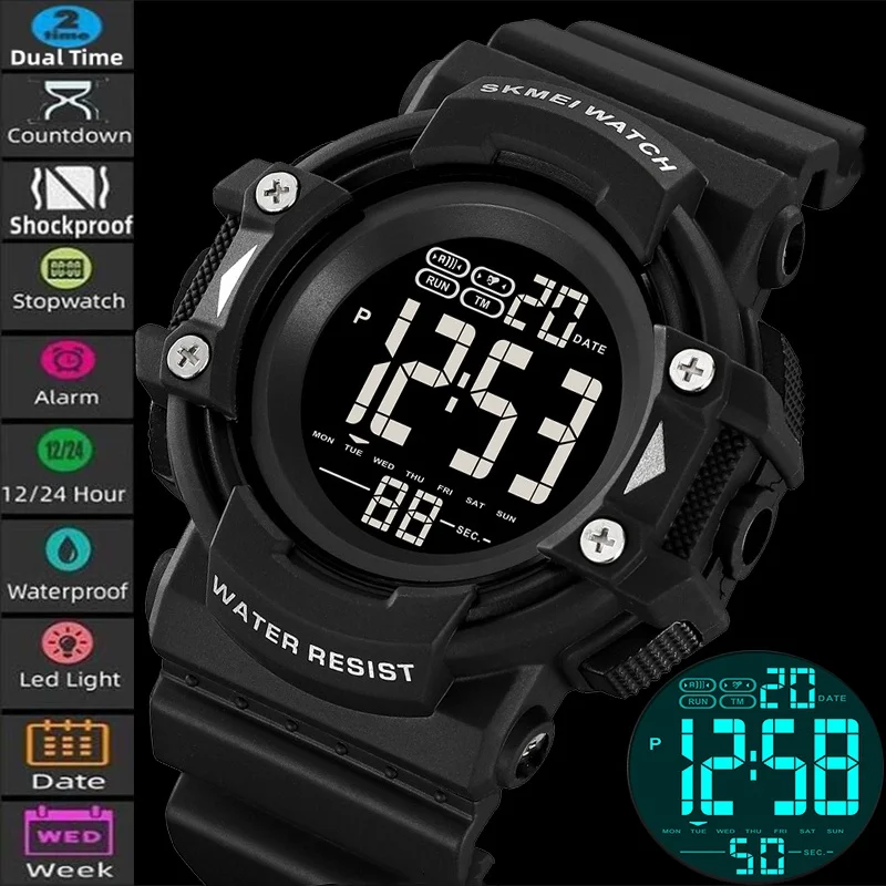

Skmei электронные часы для мужчин, модные спортивные часы с двумя часовыми поясами, светодиодный водонепроницаемый 12, 24-часовой военный будильник