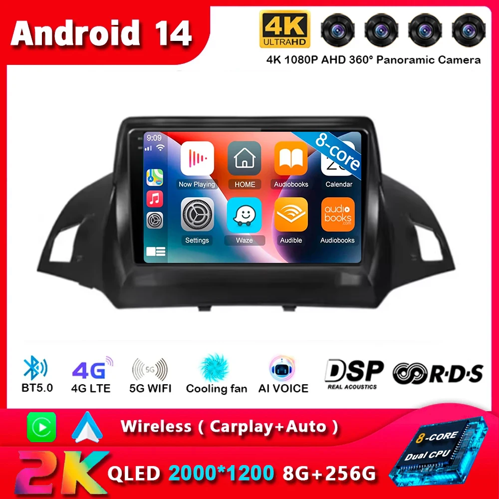 Android 14 Carplay Auto per Ford Kuga Escape 2013 2014 2015 2016 Multimedia autoradio lettore di navigazione unità principale WIFI + 4G Stereo