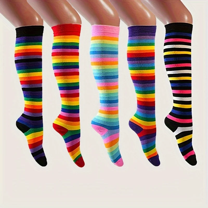 5-Pack Teen Extra-Long Cute Knee-High Socks Multi-Color Striped Comfortable  for Dance,  Parties, and Events