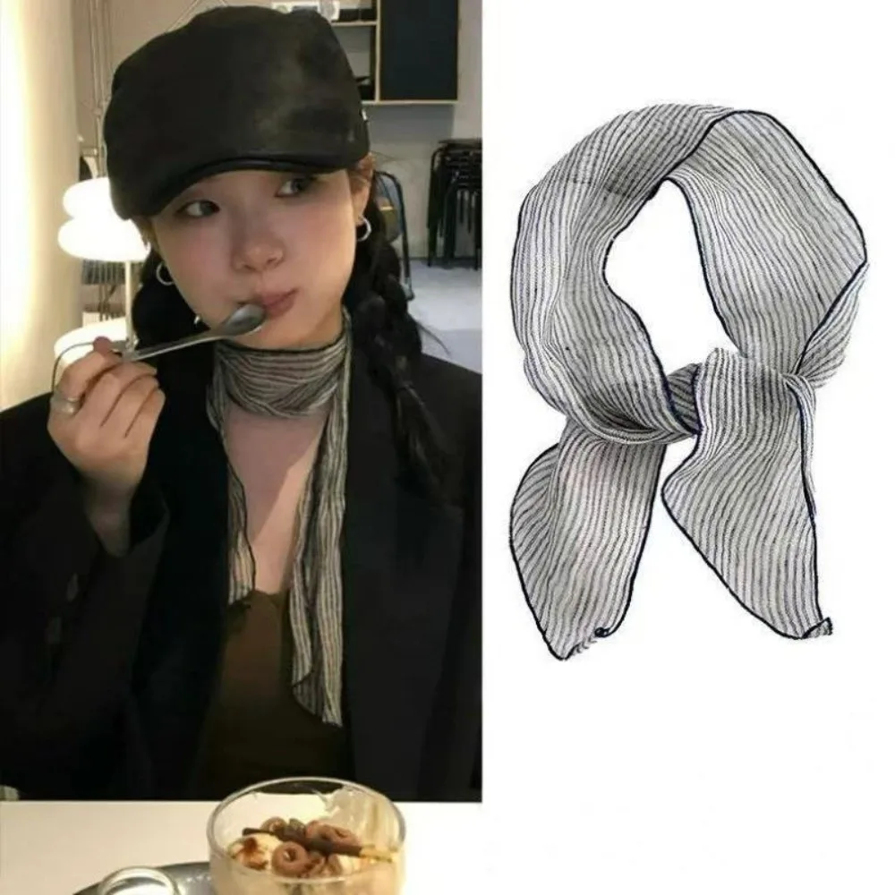 

Retro Navy Blue Polka Dot Small Neck Tie Printing Linen Women's Long Scarf Striped 10*103cm Small Silk Scarf Neck Protection