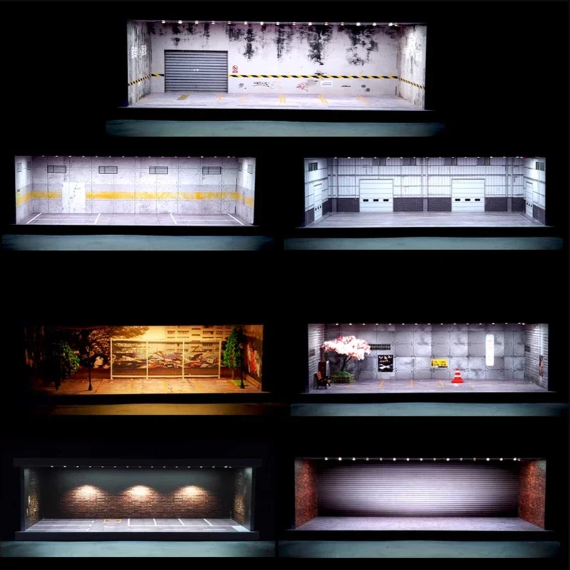 1/64 Scale Diorama Car Garage Model LED Lighting Car Parking Display Cabinet Scene Model Toy Collection Gifts