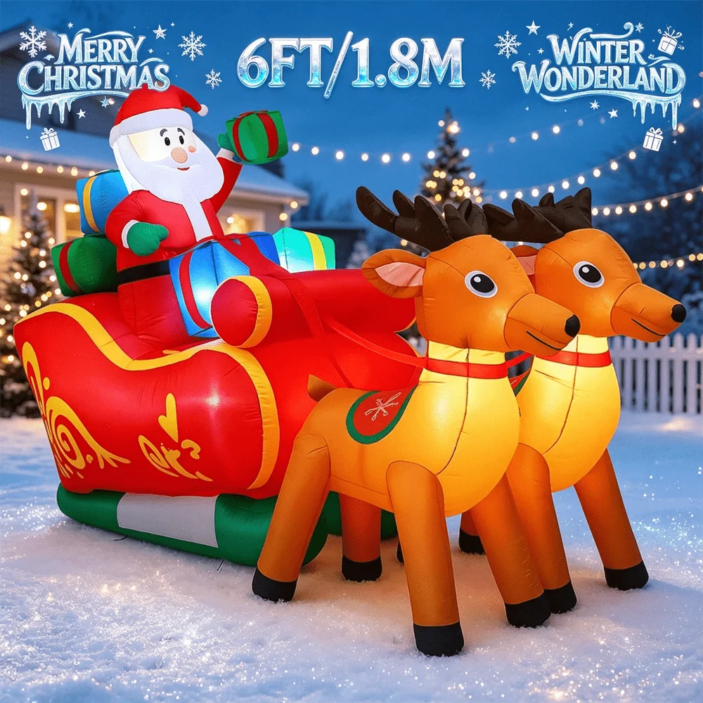 Christmas Inflatable Model Santa on Sleigh 6FT Long LED Lighted Blow Up Outdoor Yard Holiday Decorations Home Festive Decor