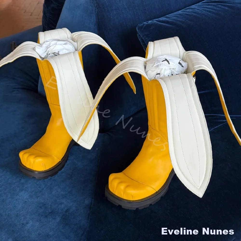 Banana Peel Design Cowboy Ankle Boots Women Yellow Leather Cat Paw Square Toe Platform Mid Calf Western Boots Show Party Boots