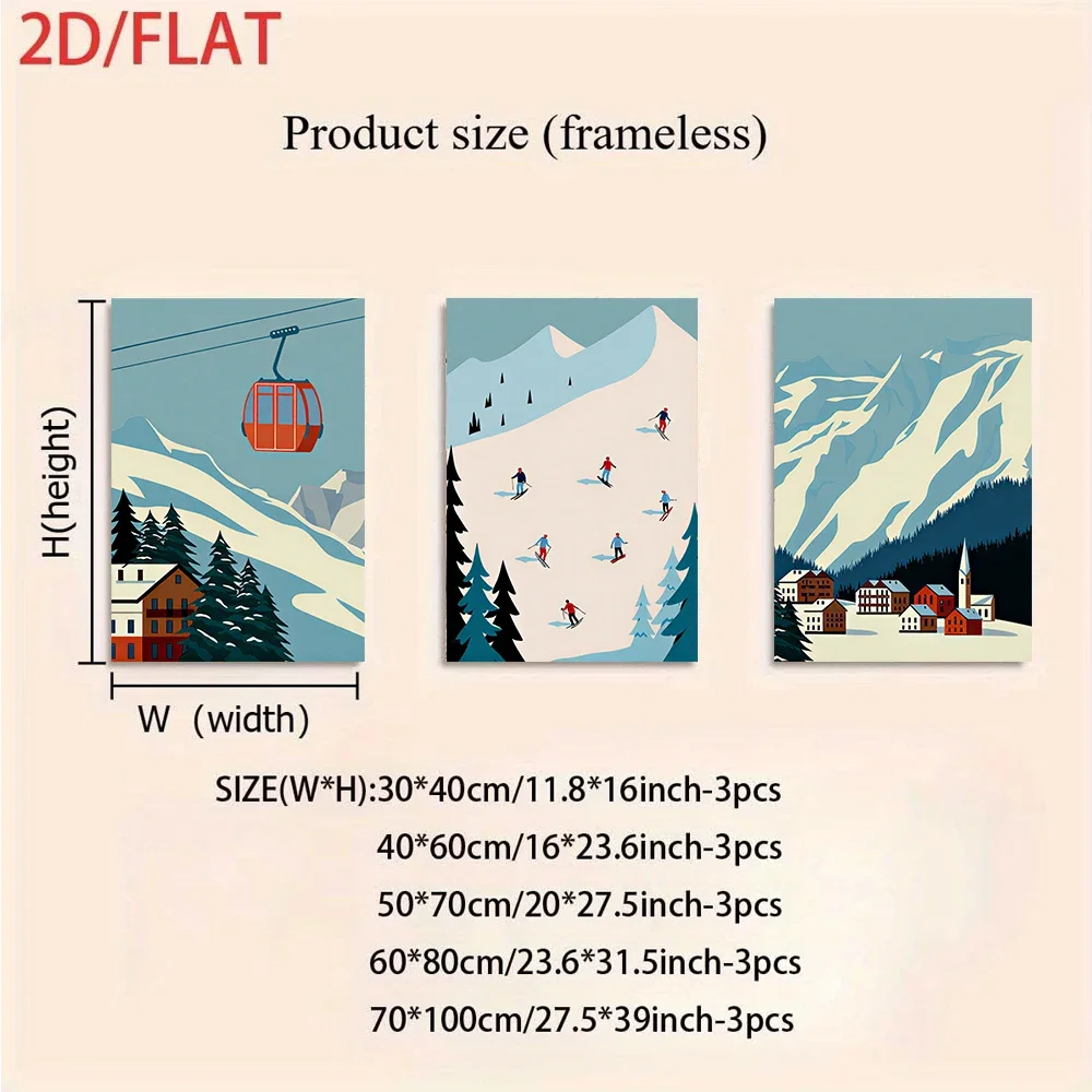 Multiple sizes 3pc frameless Canvas Painting three-panel frameless ski-themed paintings, featuring a snow-capped mountain cable