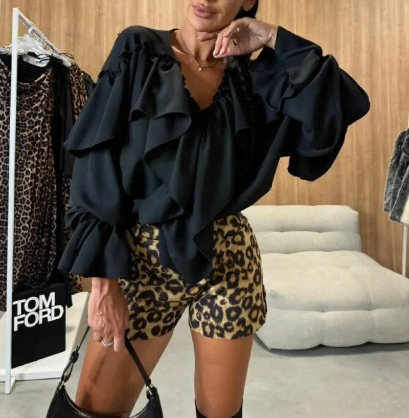 Элегантная французская рубашка с краями грибка, осенняя повседневная рубашка нишевого дизайна с v-образным вырезом и длинными рукавами, женская рубашка с длинными рукавами