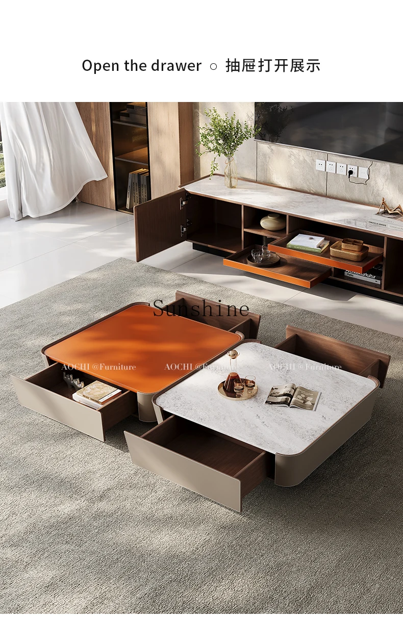 Premium Italian living room simple light luxury saddle leather marble high and low coffee table combination
