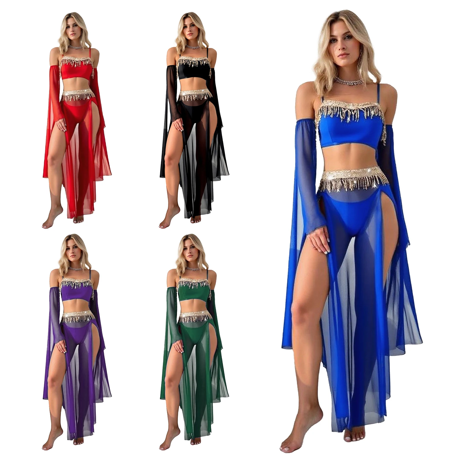 النساء ملابس رقص البطن الترتر شرابة المحاصيل الأعلى القابلة للإزالة كم شق ماكسي تنورة و T-الظهر 4 قطعة مجموعة للرقص القطب Dunhuang