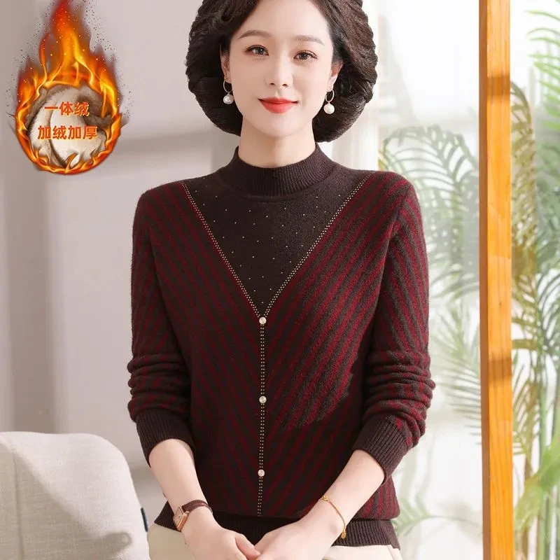 

Middle Aged Mother Add Velvet Knitted Pullover Sweater 2025 New Autumn Winter Thicken Warm Jumper Casual Stripe Knit Sweater