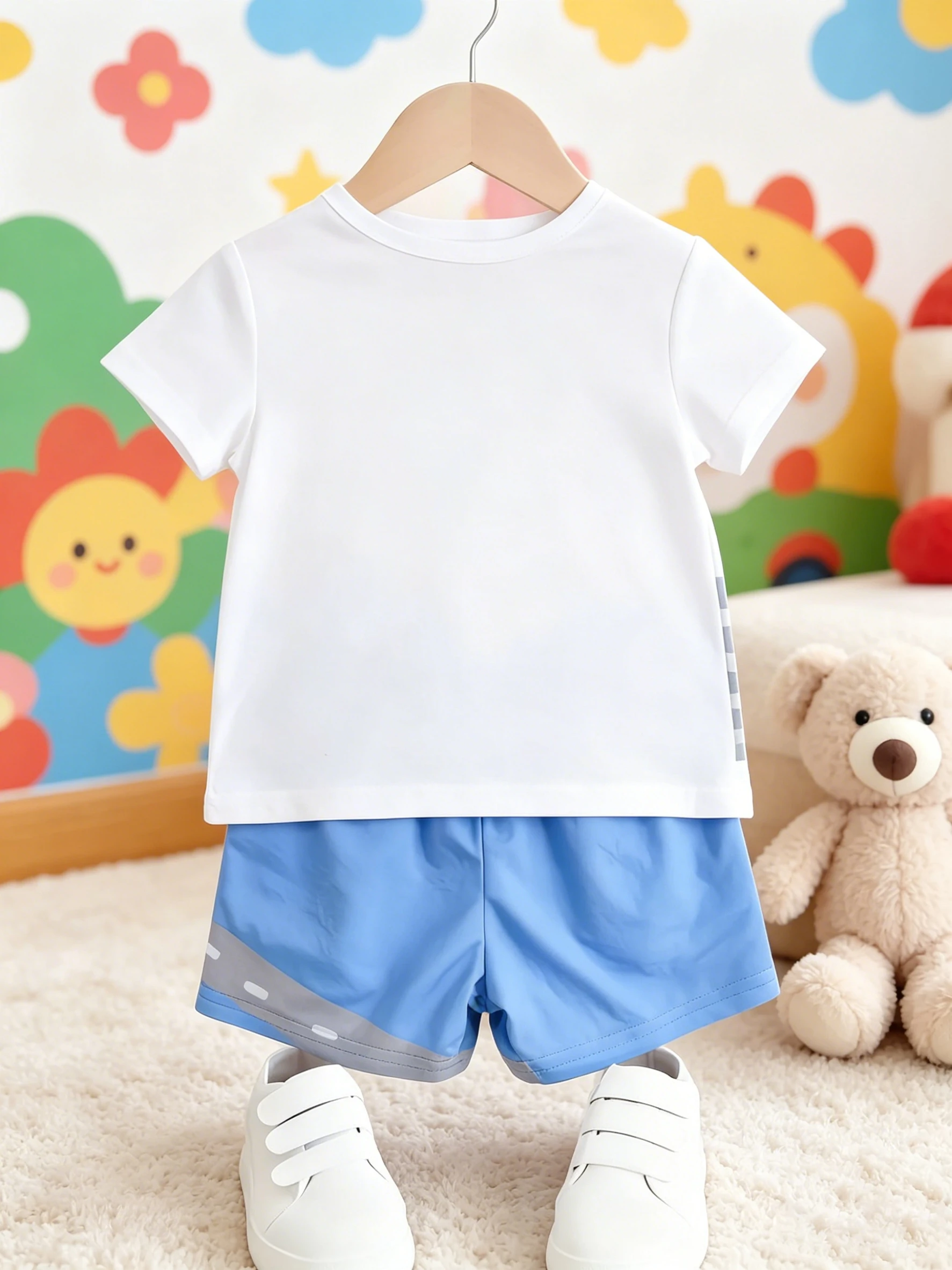 Daily Casual Set Boys Cartoon Print Short Sleeve Blue Color Block Loose Shorts