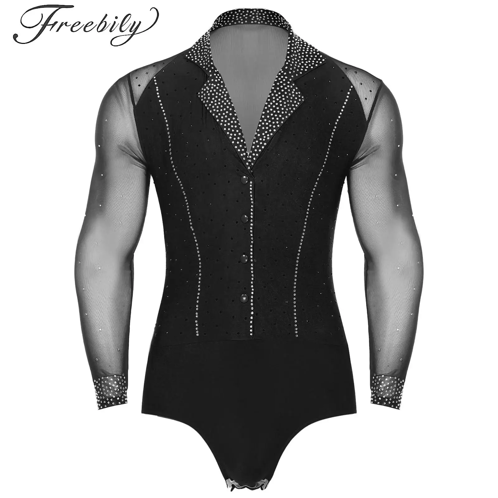 

Mens Figure Skating Tango Rumba Chacha Latin Dance Leotard Costume Rhythmic Gymnastics Jumpsuit Long Sleeve Bodysuit Shirt Tops