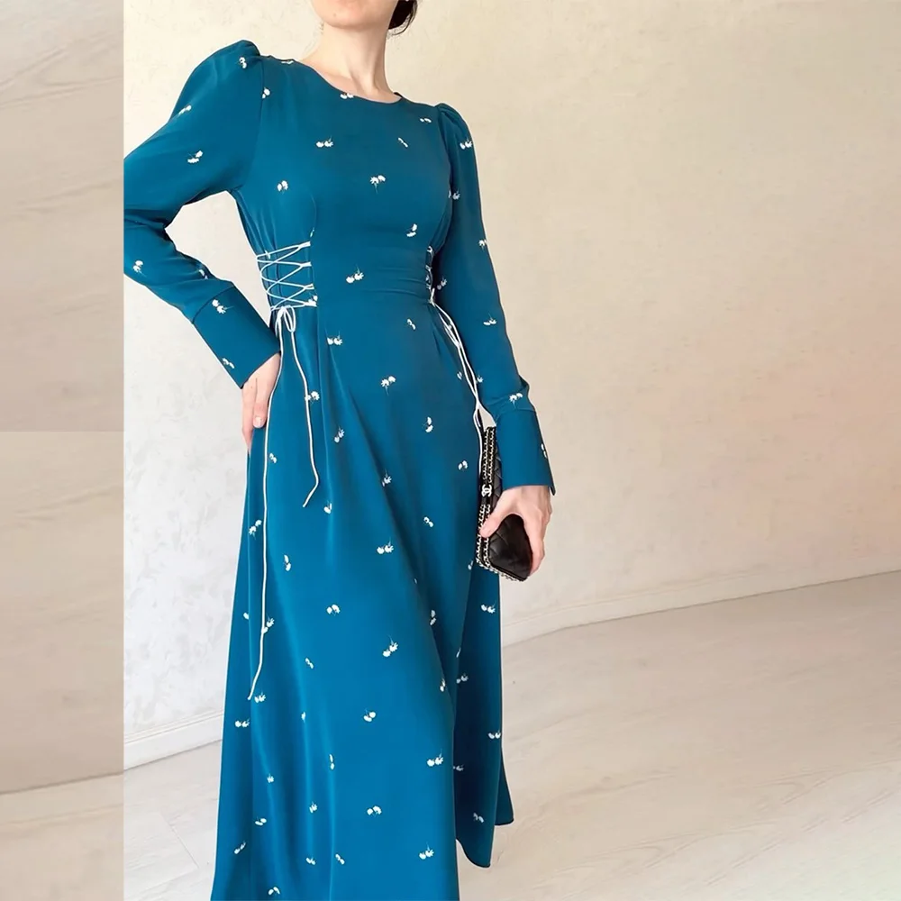 Printed Bandage Elegant Maxi Dress For Women Slim Patchwork Lace-Up Long Sleeve Fashion Dress Female Contrast Long Dress