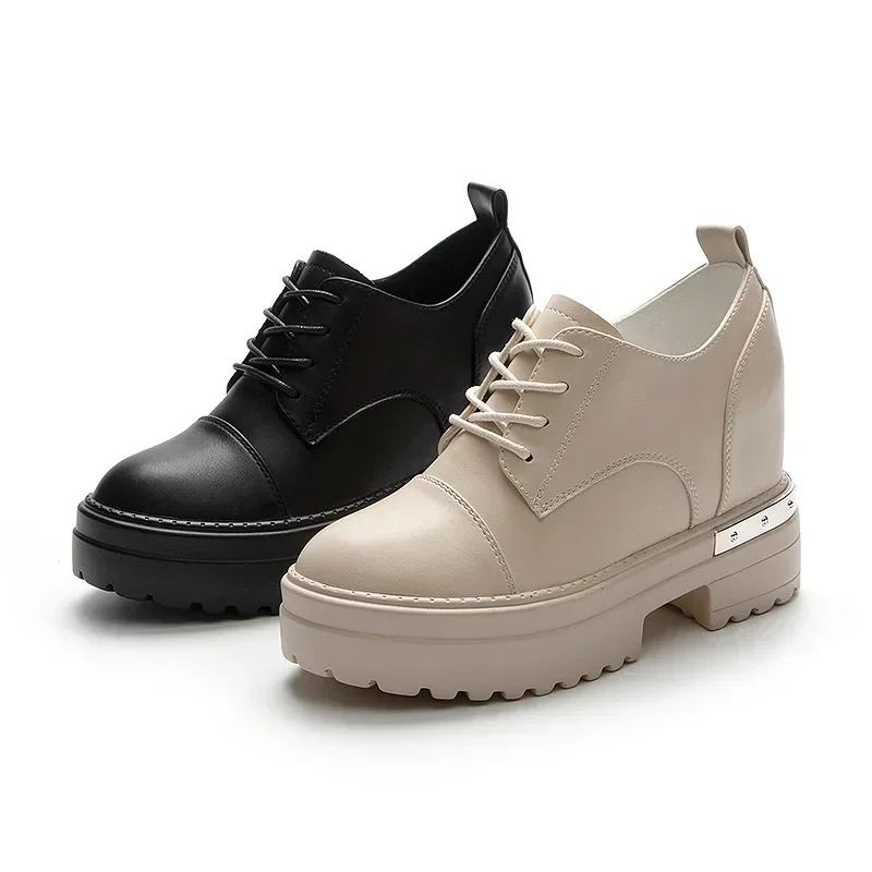 

9cm Women Boots Shoes Genuine Leather Heel Platform Wedge Spring Autumn Women Casual Shoes Sneakers Slip On Slipony Booty