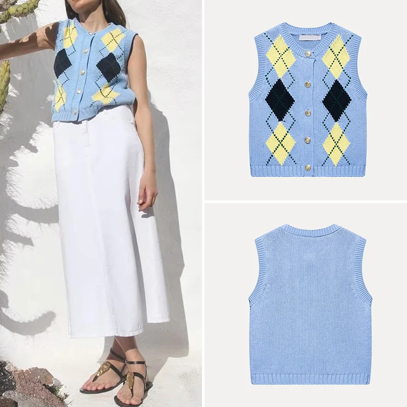 

2025 Spring New Women's Knitted Vest Diamond Pattern Svel round Ne Vest Versatile V-ne Single Button Polyester Fiber