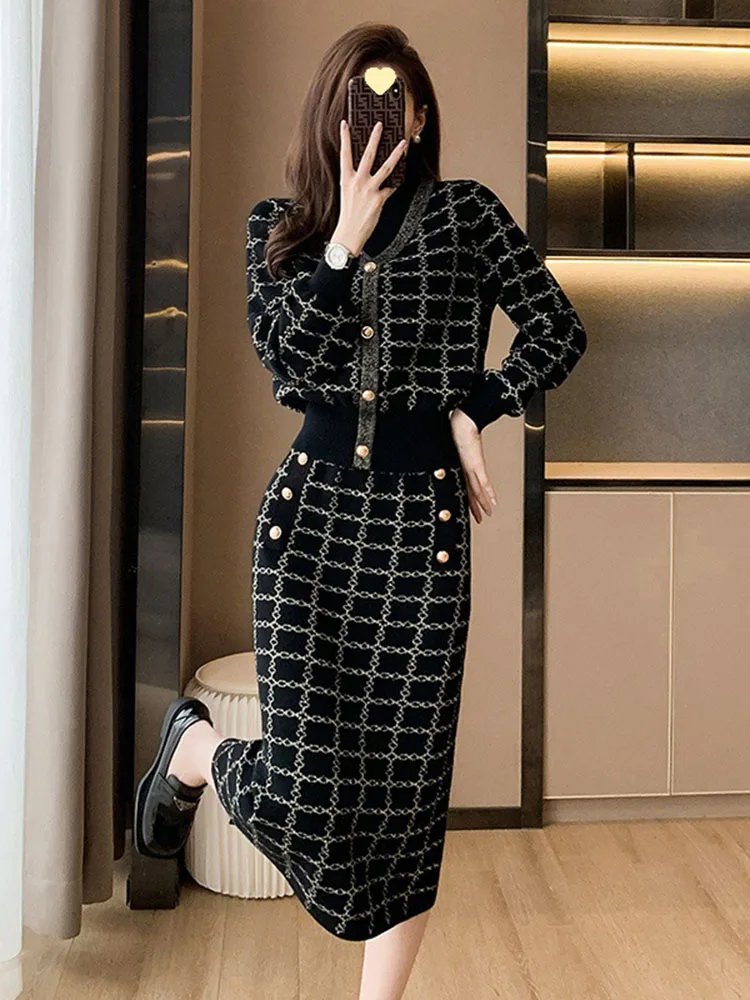 Setelan baju rajut kotak-kotak elegan, setelan baju wanita panjang pergelangan kaki pinggang tinggi, model Korea, atasan Pullover rajut, leher setengah, rajut, kotak-kotak elegan, 2 potong