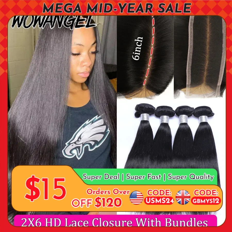 

Wow Angel 2x6 HD Lace Closure with Bundles Human Hair Deep Parting Melt Skins 30 32inch Brazilian Straight Hair Extensions