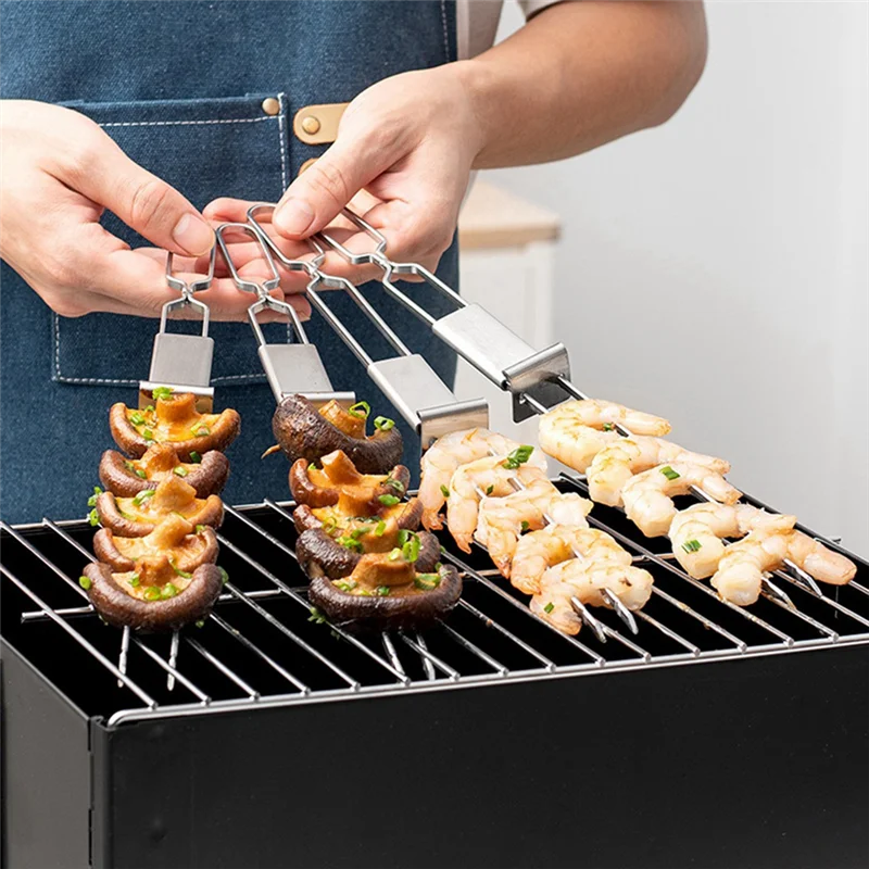 A51M-Stainless Steel Double Needle Barbecue Skewers With Self Push Plate Barbecue Forks Outdoor BBQ Accessories Tools