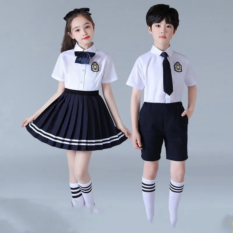 

Children School Uniform Primary Kindergarten Boys Girlsshort Sleeve Shirt +Shorts Pants Skirt Socks Clothe Sets Chorus Costumes