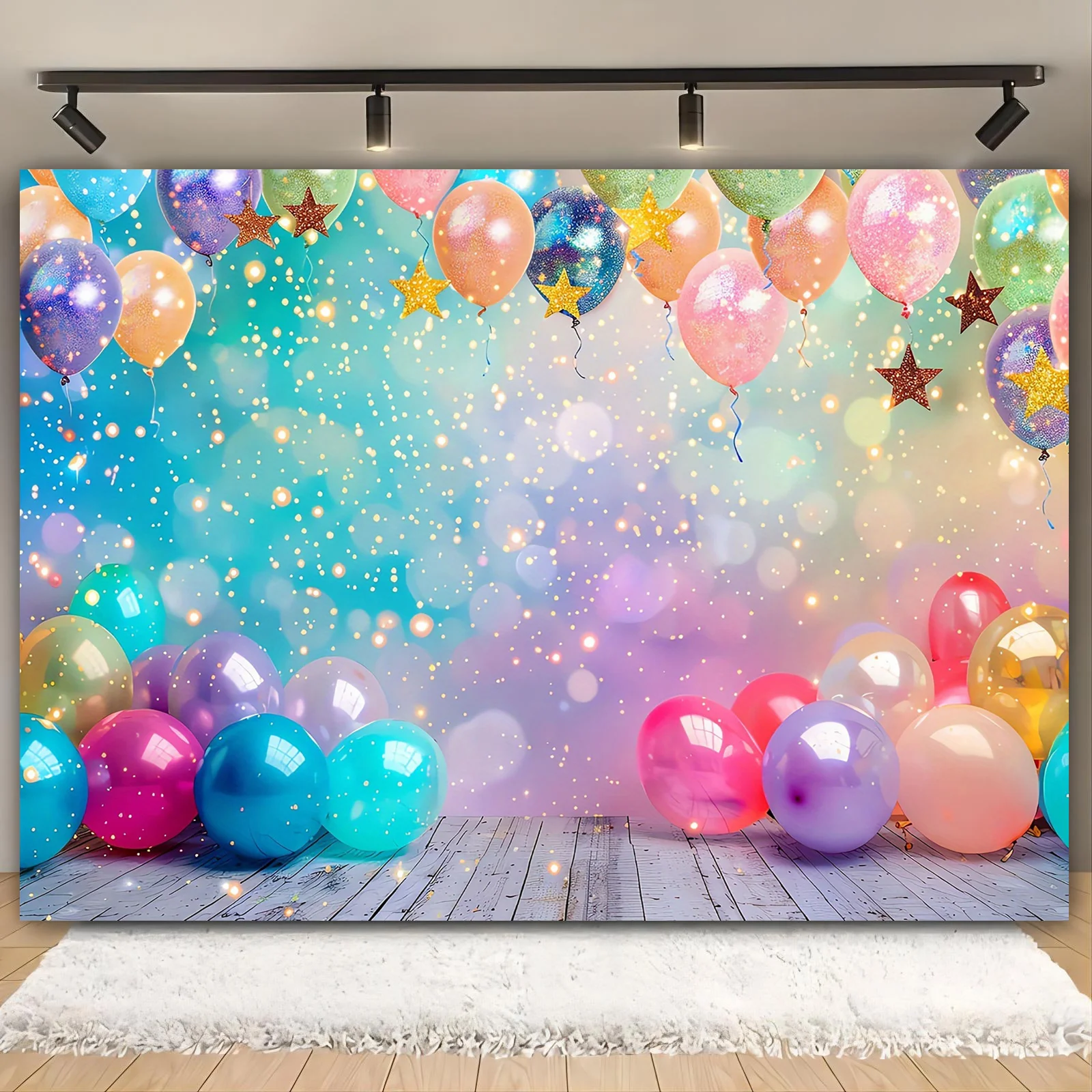 Ein Stück, verschiedene Feierhintergründe für besondere Anlässe – lebendige Luftballons und leuchtende Sterne, Geburtstage, Hochzeiten, Jubiläen