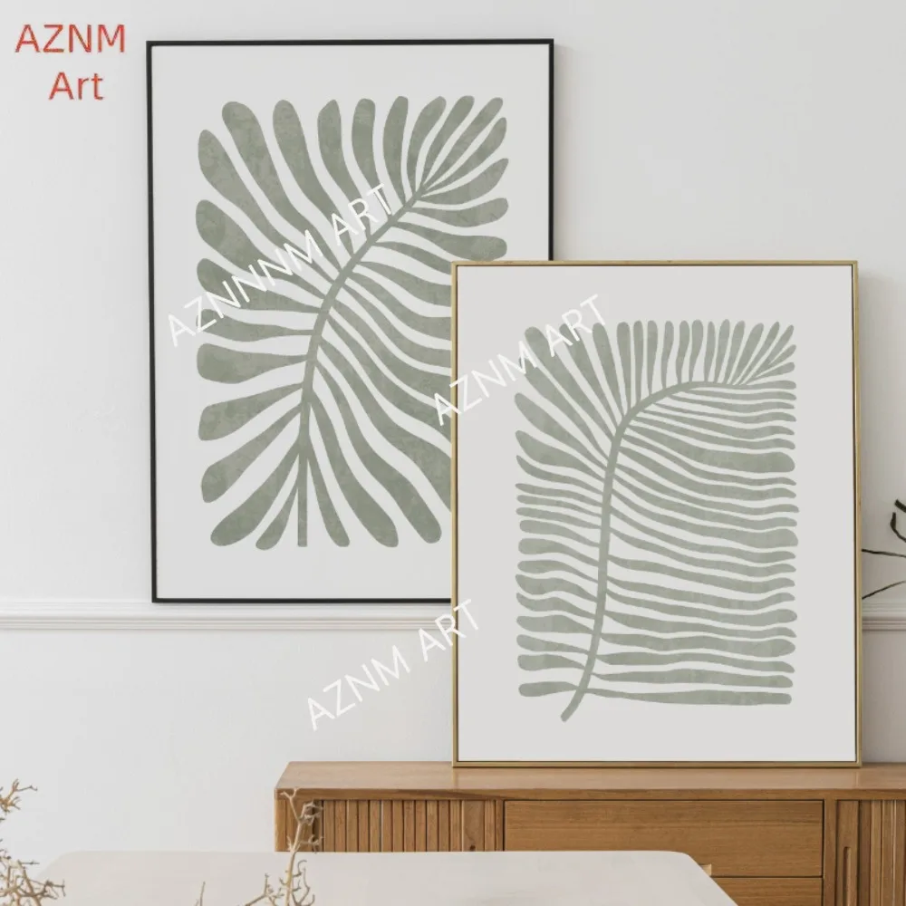 1/2Pcs Sage Green Fern Leaf Canvas Print Set: Boho Wall Art  set of 2, hand drawn abstract botanicals