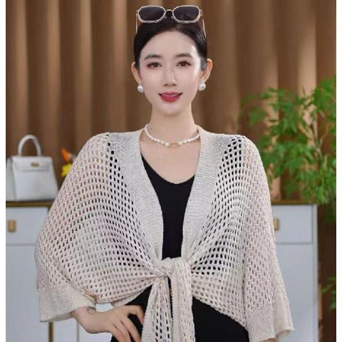 Summer New Hollow out Knitted Short Cardigan Women's Shawl Lightweight Air Conditioning Cover up Outerwear Polyester Fiber