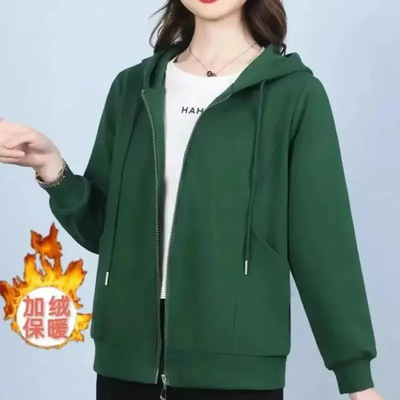 Women Coat 2026 Spring Autumn Korean New Jacket Hooded Cardigan Add Velvet Padded Outerwear Ladies Loose Leisure Overcoat Female