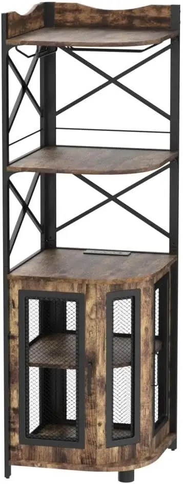 Armário de bar de canto com tomada de energia, armário de vinho industrial com faixa de LED e suporte de vidro, unidade de bar de armário de licor de 5 camadas