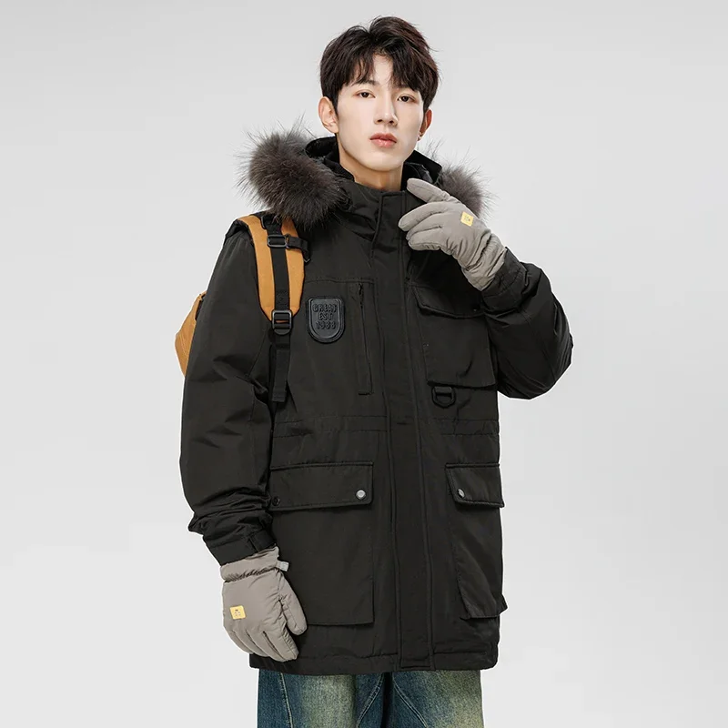 Winter Fur Collar Down Jacket 90% White Duck Down Long Style Hooded Coat Outdoor Multi-pocket Design Ski Jacket Couples Clothing