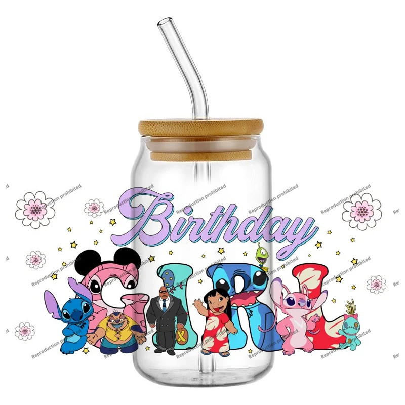 Miniso غرزة الكرتون تصميم عالية الجودة 16 أوقية كوب زجاجي التفاف الأشعة فوق البنفسجية DTF نقل ملصق الشارات شعبية ديكور حديقة المنزل #2