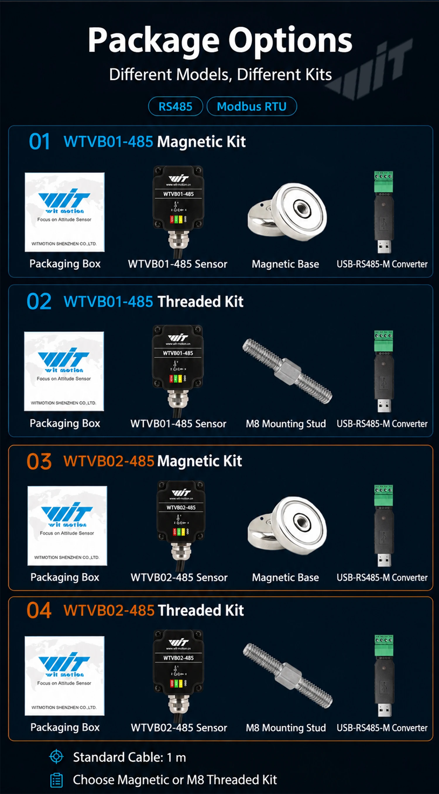 WitMotion WTVB01-485 Arduino Vibration Sensor,3axis IP68 Modbus Vibration Analyzer(Vibration Acceleration/Speed)for PLC & Python